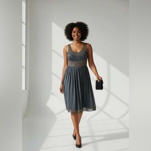 Adrianna Papell Cocktail  dress w crinoline, beading, gorgeous pleating Size 6